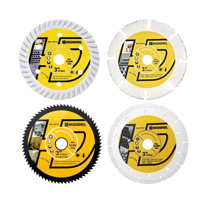 HIGHDRIL 3" 75mm Circular Saw Blade Set 4pcs - Diamond/HSS/Carbide Cutting Disc for Angle Grinder Cutting Concrete Metal Wood Plastic - Image 1
